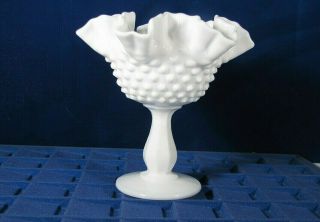 Hobnail Ruffled Edge Vintage Milk Glass Pedestal Compote Candy Dish