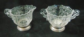 Vintage Cambridge Chantilly Creamer & Sugar Sterling Silver Base Etched Glass