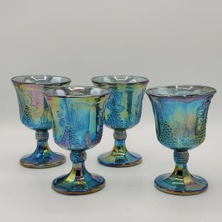 Set Of 4 Vintage Indiana Carnival Glass Iridescent Blue Harvest Grape Goblets