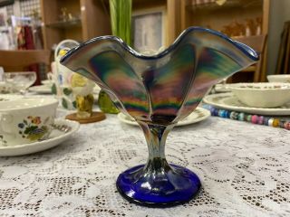 Vintage Fenton Blue Peacock Tail Carnival Glass Ruffled Compote Dish Iridescent