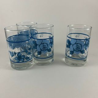 Set Of 4 Corelle Blue Velvet Rose Juice Glasses Floral 4 " Tall