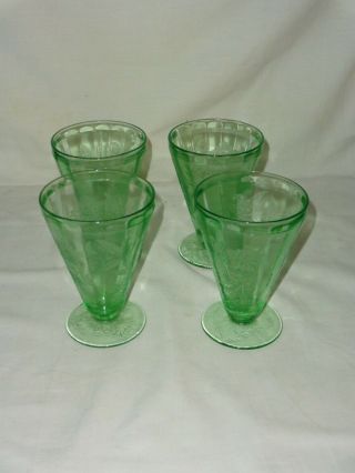 Vintage Green Depression 4 Floral/poinsettia Tapered Footed Juice Tumbler