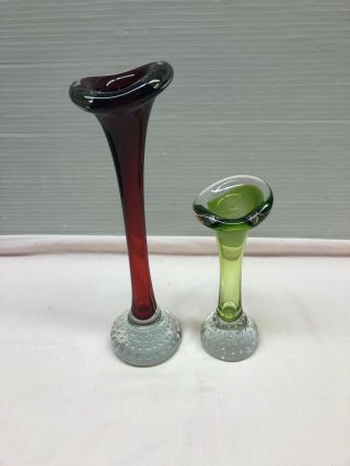 Hand Blown Art Glass,  1 Green - 1 Deep Red Bud Vase With Controlled Bubble Base