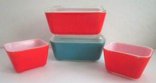 4 Vintage Pyrex Red & Blue Refrigerator Dishes 501 & 502 With 2 Lids