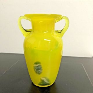 Neon Yellow Hand Blown Glass Double Handle Vase White Black Swirls