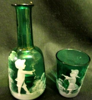 Cute,  Scarce Tiny Antique Mary Gregory Green Glss Tumble Up Bottle Is 5 " Tall