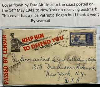 1941 Bombay India Patriotic Airmail Censored Cover To York Usa Tata Air