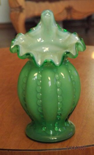 Fenton 4.  5 " Green Miniature Beaded Melon Cased Glass Vase Jip Jack In The Pulpit