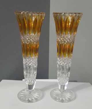 2 - Vintage Bohemian Czech Amber Gold Cut To Clear Bud Vases