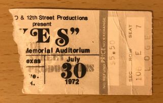 1972 Yes / The Eagles Dallas Concert Ticket Stub Close To The Edge Take It Easy