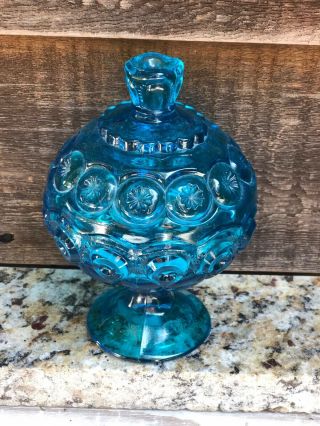 Vintage Blue 7” L.  E.  Smith “moon And Stars” Compote Footed Pedestal Candy Dish