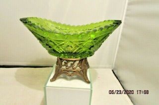 Green Cut Glass Oval Bowl L&l Wmc 103 Metal Pedestal Base Candy Dish