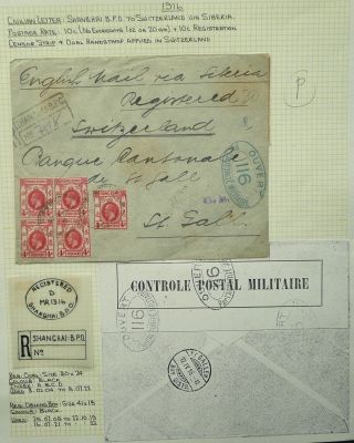 Hong Kong In China 1916 Censored Regist.  Cover From Shanghai To Switzerland