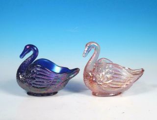 Imperial Glass Pair Vintage Iridescent Carnival Swan Dishes Cobalt & Rose Pink