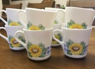 Set Of 8 Corning Corelle Sunsations Coffee Mugs Cups - Sunflowers Blue Gingham