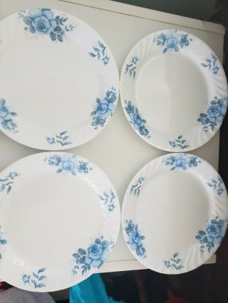 4 Corelle Blue Velvet Dinner Plate Blue Roses Flowers Swirl Rim