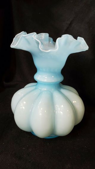 Vintage 8 " Fenton Charleton Light Blue Milk Glass Ruffled Edge Melon Glass Vase