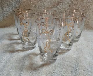 Vintage Libbey Tumbler Drinking Glasses White Roses Gold Bow/rim Set Of 6