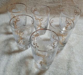 VINTAGE LIBBEY TUMBLER DRINKING GLASSES WHITE ROSES GOLD BOW/RIM SET OF 6 2