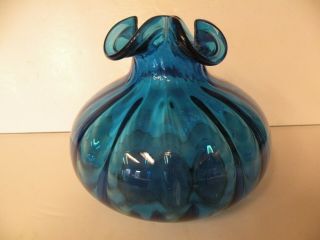 Vintage Hand Blown Art Glass Cobalt Blue Vase Bowl Crimped Top 6 " Tall