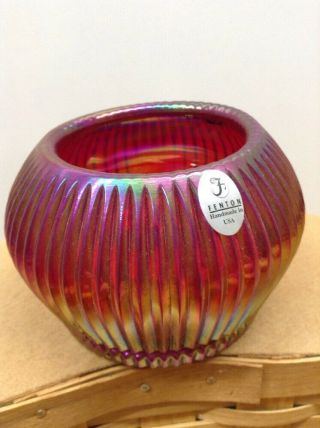 Vintage Fenton Red Carnival Glass Rose Bowl Vase Ribbed Iridescent