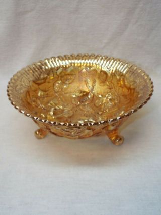 Antique Orange Marigold Carnival Glass Footed Bowl / Dish Floral/rose Embossed