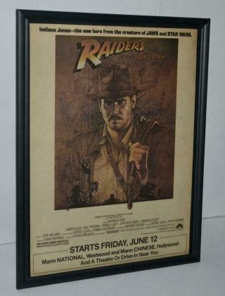 Raiders Of The Lost Ark 1981 Movie Framed Poster / Ad Harrison Ford