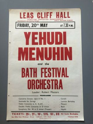 Vintage " Yehudi Menuhin " Concert Poster Leas Cliff Hall Folkstone
