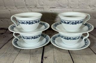 Vintage Corelle Old Town Blue Onion - Coffee Tea Cups And Saucers - Set Of 4
