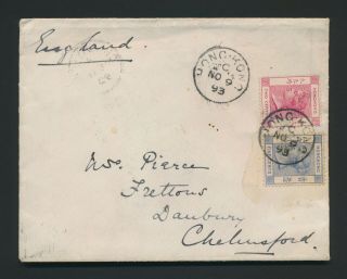 1893 Hong Kong Cover To England Chelmsford Qv 5c,  2c Tied Fine Code C Strikes