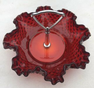 Vtg.  Fenton Ruffled Hobnail Cranberry Glass Candy/nut Dish W/chrome Handle 1960s