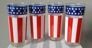 Vintage Libbey? Red White Blue American Flag Stars Drinking Glass Tumbler (4)
