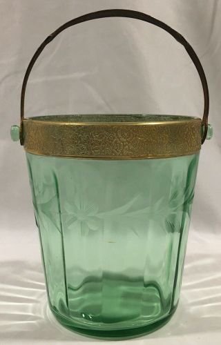 Vintage Depression Green Etched Floral Glass Uranium Metal Handle Ice Bucket