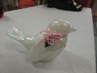 Fenton Glass Bird Figurine Opalescent White With Pink Flower