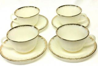 Vtg 1950s Fire - King Swirl Ivory Milk Glass 22kt Gold Rim 4 - Cup & Saucer Set