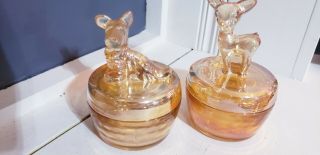 Vintage Jeannette Carnival Glass Deer And Scottie Dog Powder Jar Candy Dish