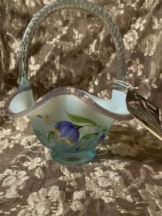 Fenton Blue With Lavender Trim Hand Painted Handled Basket - Artist Signed Stacy W