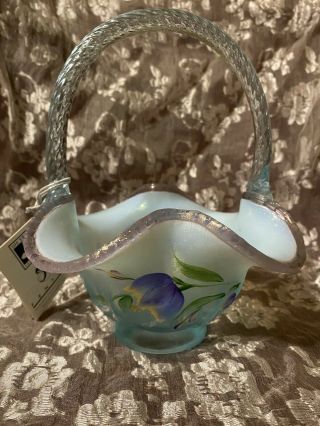 Fenton Blue With Lavender Trim Hand Painted Handled Basket - Artist Signed Stacy W 3