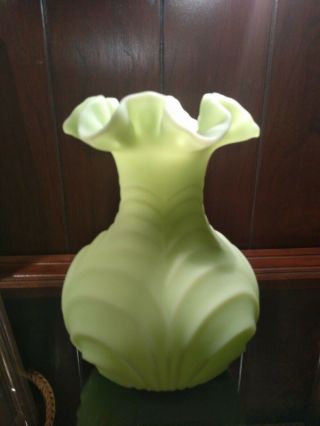 Vintage Fenton Vaseline Lime Green Sherbet Glass Vase Drapery Pattern