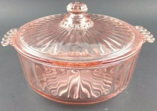 Vintage Pink Ribbed Depression Glass Covered Candy Dish Lid Handles Trinket Dish
