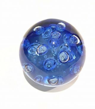 Blue With Controlled Bubbles Art Glass Round 4 " Paperweight