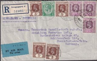 1934 Straits Settlements Singapore Reg & Small P&t Airmail Label.  Frankfurt Arri