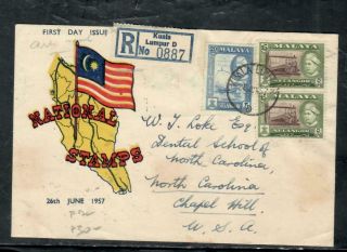 Malaya Selangor Cover (p1009b) 1957 $5.  00 Pr,  20c Reg Fdc To Usa