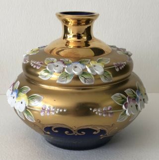 Vintage Bohemia Czech Glass Cobalt Blue Gold Raised Enamel Flowers Small Vase