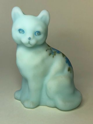 Fenton Cat Hand Painted Blue Satin Glass Signed Tags