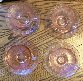 4 Jeannette Depression Glass Floral Poinsettia Pink Cups & Saucers