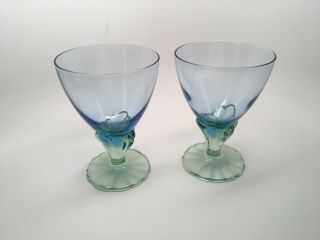 Vtg Pair (2) Hand Blown Art Glass Goblets - Light Blue Green Floral Design Stem