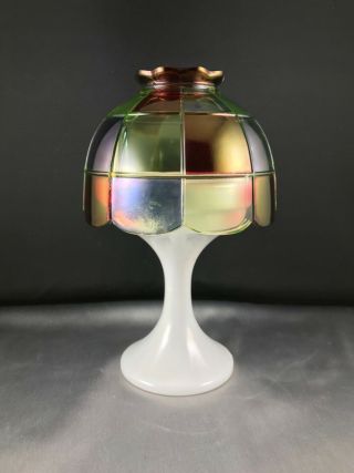 Westmoreland Glass Fairy Lamp - Milk Base & Ruby Flash Vaseline Shade W/ Panels