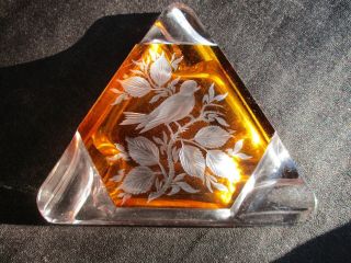 Vintage Bohemian Art Glass Ashtray Czech Amber Cut To Clear