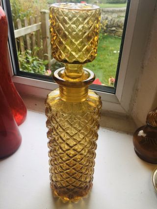 Yellow Amber Vintage Mcm Italian Empoli Glass Genie Bottle Decanter Diamond Cut
